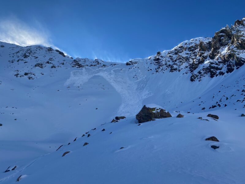 Skier triggered avalanche on Lake Fork Peak. Failed on a faceted weak layer beneath a firm wind slab prior to the storm.