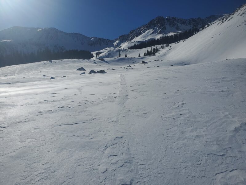 An old fossilized skin track over scoured terrain from recent strong winds. 