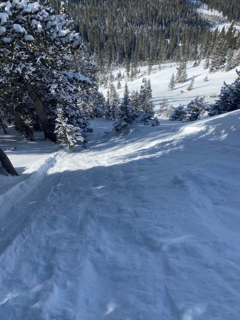 Cohesion-less snow that is easily pushed in steeper terrain 