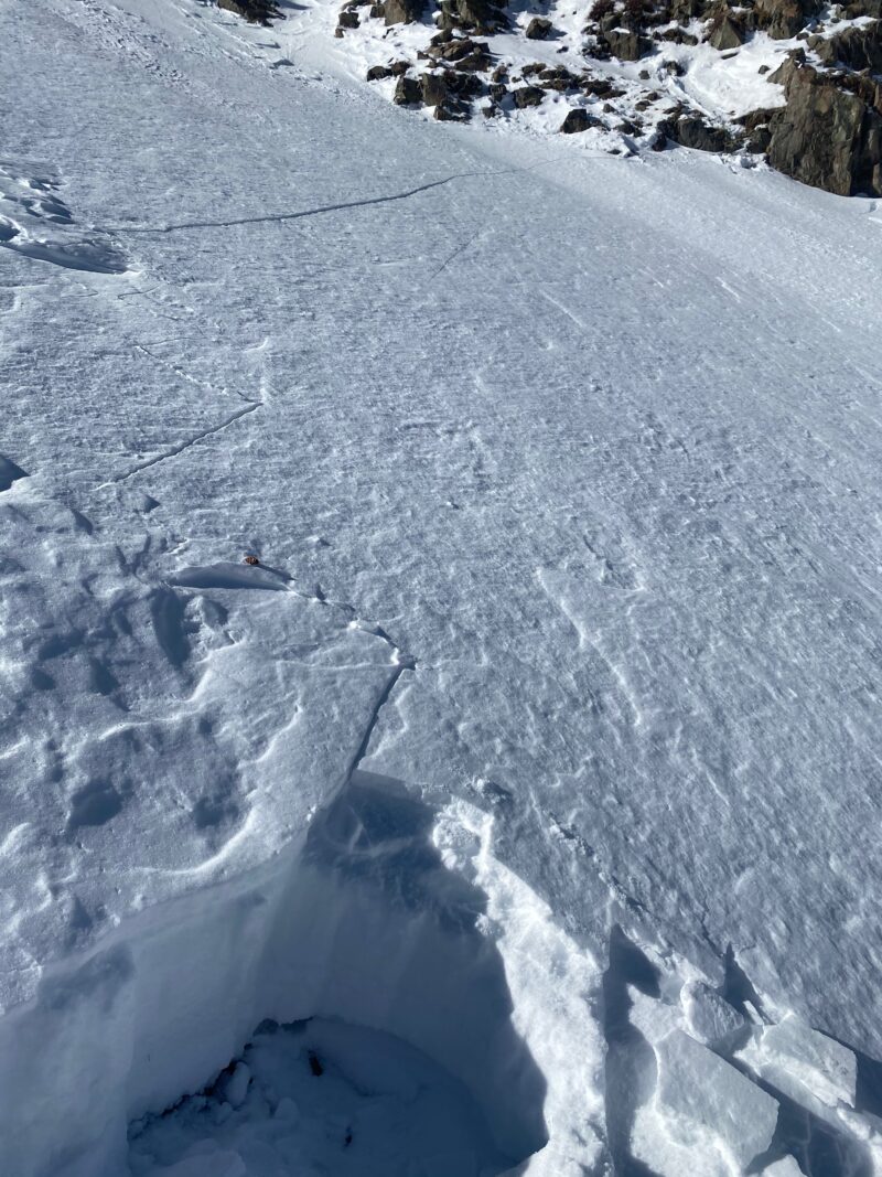 Shallow overall snowpack with hard slab that wasn't able to overcome friction on a buried near surface facet layer