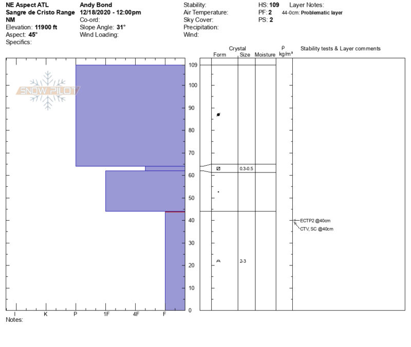 Snow profile for a Northeast aspect above tree line. An obvious strong over weak concern is illustrated. 