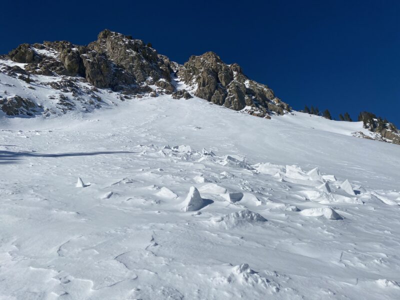 Old avalanche debris that the near treeline snowpit was dug on the adjacent slope