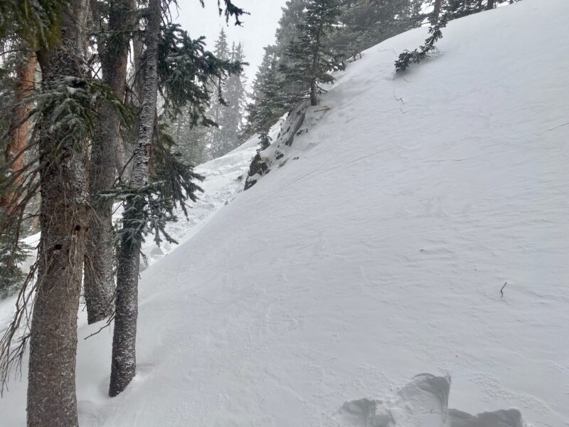 Sneaking up on a slope was able to capture the slope releasing around the corner failing on facets with the newly formed slab on top