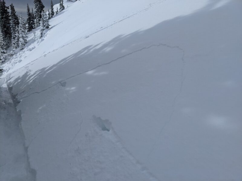 Small shooting cracks within the storm snow layer from observer's tracks traversing in between the two avalanches.