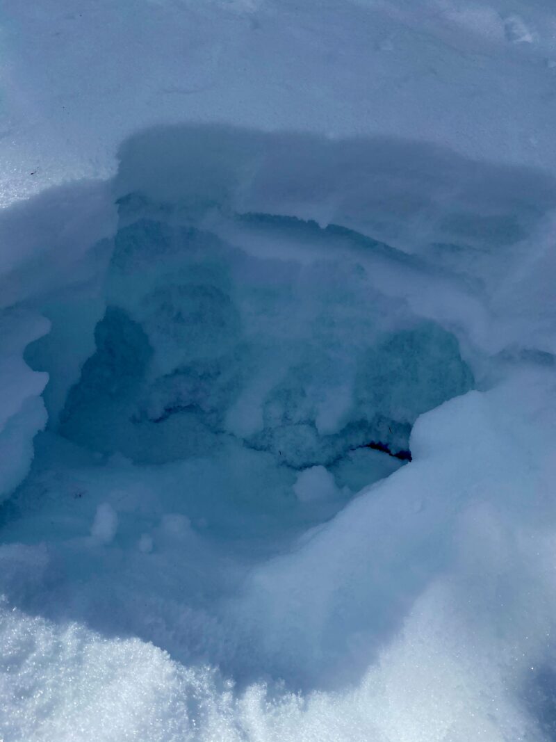 Avalanche path that had slid during the avalanche cycle end of January.  This is a shallow snowpack with facets above and below the old bed surface