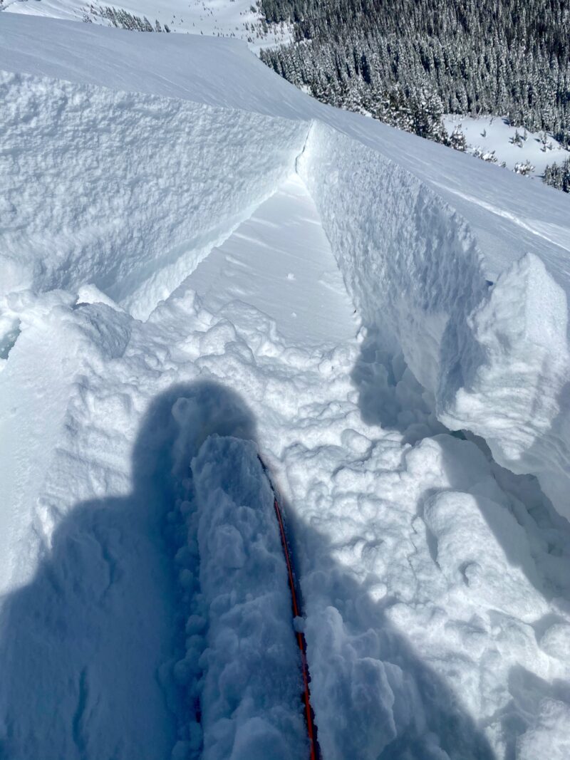 Wind slab on the leeward side of a ridgeline in Long Canyon. Winds over the last 24 hours have been stiffening the new snow.