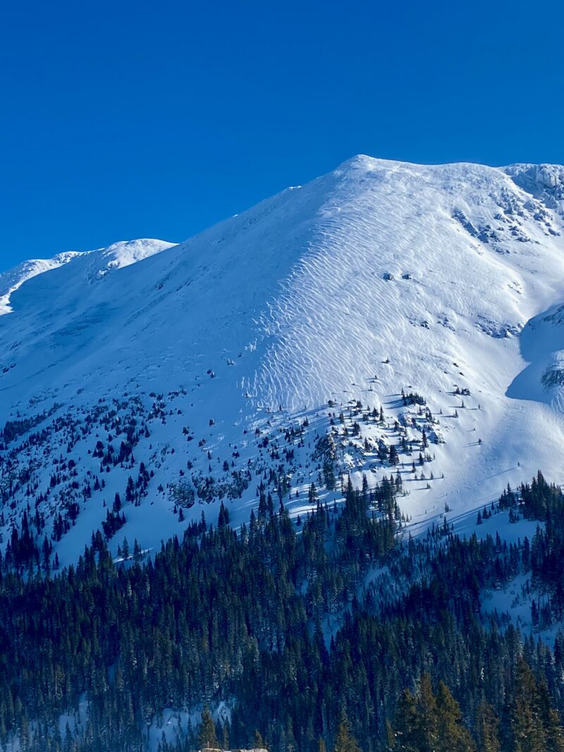 West aspect on Wheeler Peak. Winds were light to calm but stronger NW winds during the storm have impacted near and above treeline