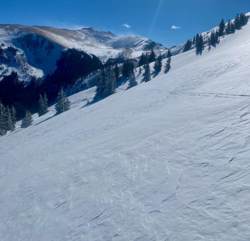 Moderate to strong winds have stripped west facing slopes and left stiff slabs on the surface. Was not finding these shallow wind slabs to be reactive