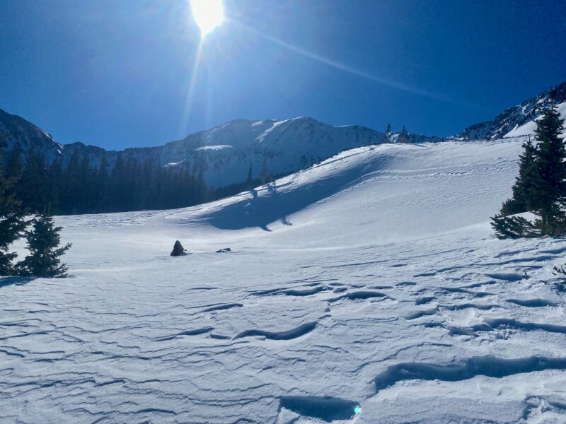 inverted skin track from the recent moderate to strong winds over the last several days that have stripped and eroded many slopes