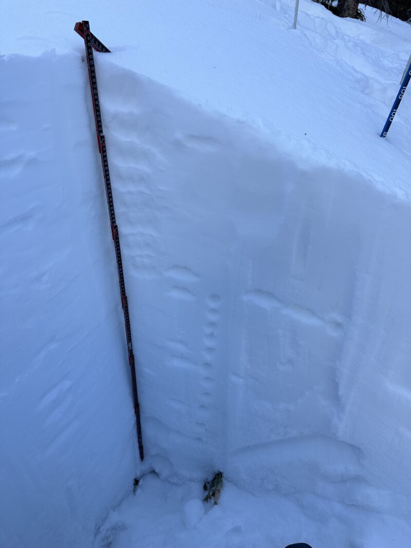 Hand hardness tests showing a right-side up snowpack except for the lower 25cm.