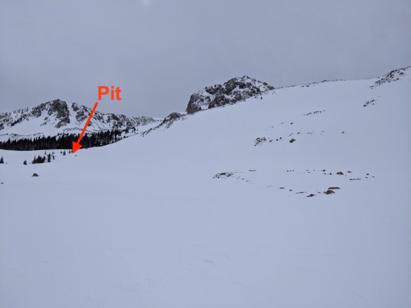 Pit location, to left of steeper moraine below Lake Fork Peak