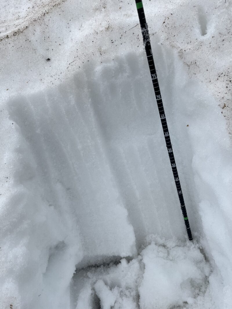 Observation pit dug at ~12,500’ at a not insignificant impact to remaining snowpack.. ECT test was not conducted.