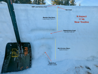 Dec 11, 2024: All of the recent cold, dry weather is causing significant faceting in our shallow snowpack, as seen in this North-facing profile