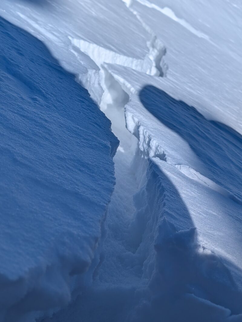 Up close of a shooting crack from a small wind slab (1F to 4 F) in near treeline terrain on an East aspect. The slab collapsed on decomposing/faceted snow from our January storms atop an older melt-freeze crust.