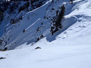 East facing slope above treeline that most likely started as a wind slab and stepped down into deeper weak layers near the ground. It most likely ran sometime last night with strong NW winds loading the slope. 

The crown has been drifted in but you can see where it started on the right side of the photo