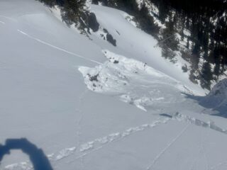 Feb 19, 2025: Crown on intentionally triggered avalanche from the ridge. This East aspect near treeline saw loading from yesterdays 1