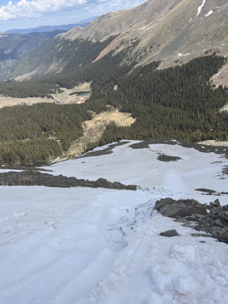 Top view of second skier triggered slide caused by horizontal traverse across steep terrain