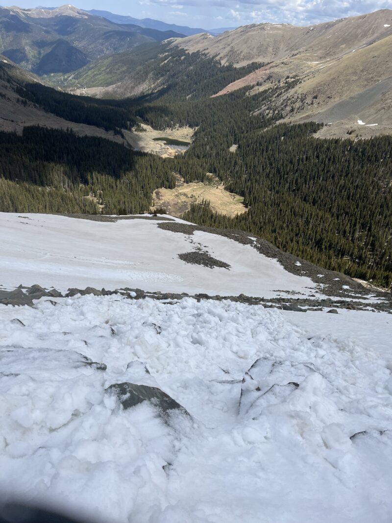 Bottom view showing runout of the two skier triggered slides on the bench