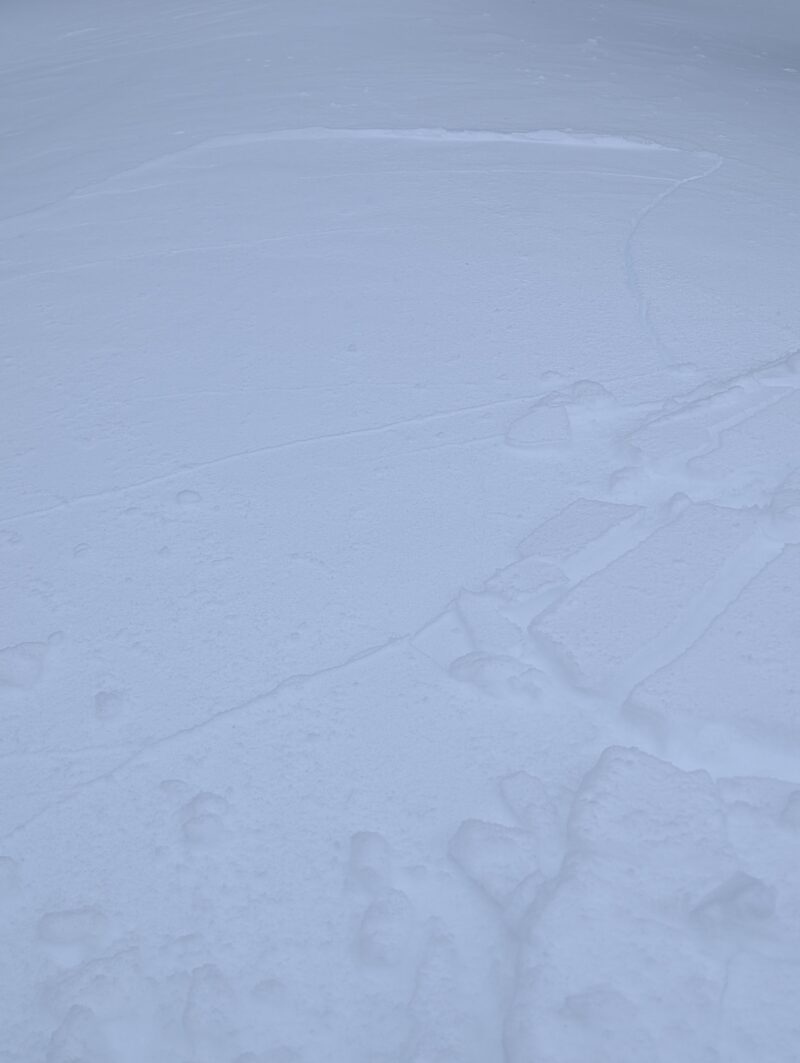 Cracks shooting out from my skis in more open and exposed terrain.