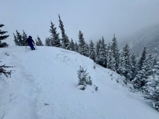 Jan 9, 2026: This slide was triggered roughly where Charlie is standing running on the December drought layer. North aspect below treeline. 