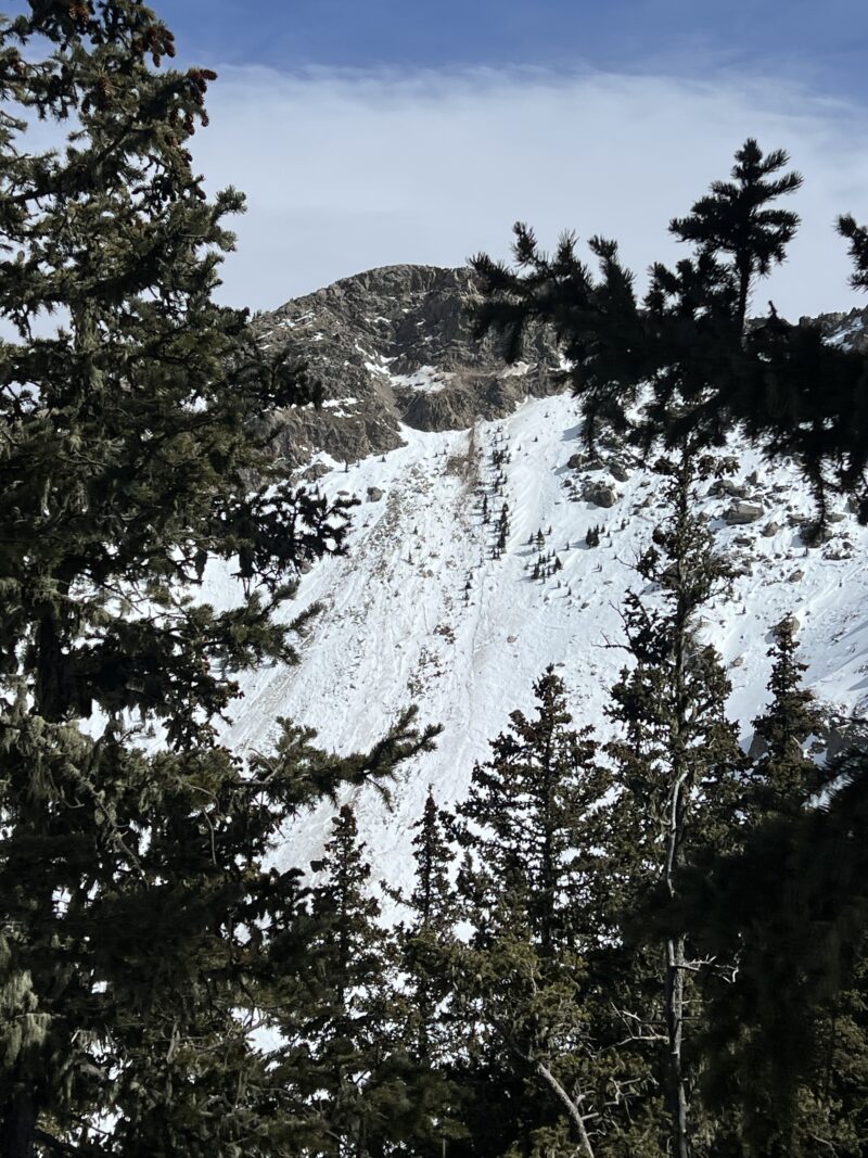 Different angle of the lake peak slide path that has run 3x this year, most recently from rockfall